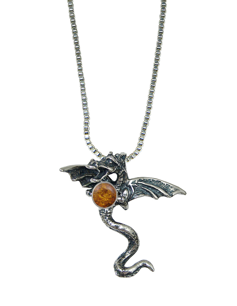 Sterling Silver 3D Dragon Pendant With Amber